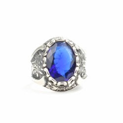 Silver Hand-carved Ring with Synthetic Sapphire For Men - 5