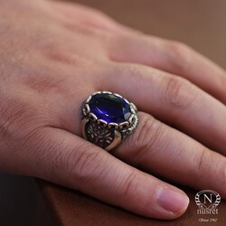 Silver Hand-carved Ring with Synthetic Sapphire For Men - 1