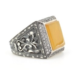 Silver Handcarved Men Ring with Amber & CZ - Nusrettaki (1)