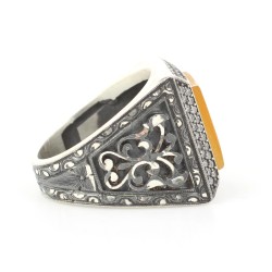 Silver Handcarved Men Ring with Amber & CZ - 3