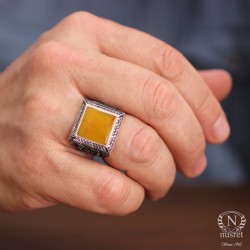 Silver Handcarved Men Ring with Amber & CZ - Nusrettaki