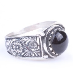 Silver Handcarved Men Ring with Black Amber - 2