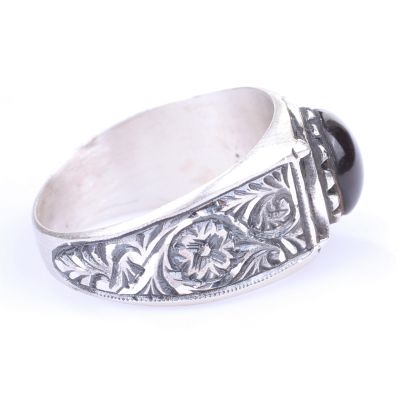 Silver Handcarved Men Ring with Black Amber - 3