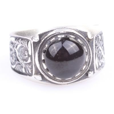 Silver Handcarved Men Ring with Black Amber - 4