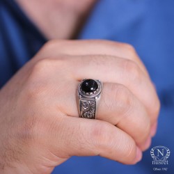 Silver Handcarved Men Ring with Black Amber - Nusrettaki