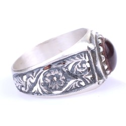 Silver Handcarved Men Ring with Claret Red Amber - 3