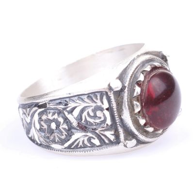 Silver Handcarved Men Ring with Claret Red Amber - 2