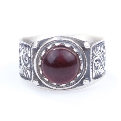 Silver Handcarved Men Ring with Claret Red Amber - 4