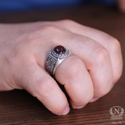 Silver Handcarved Men Ring with Claret Red Amber - 1