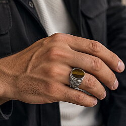 Silver Hexagon Design Men Ring with Eye of the Tiger - Nusrettaki (1)