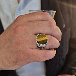 Silver Hexagon Design Men Ring with Eye of the Tiger - 5