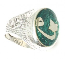 Silver Vav Arabic Letter Green Enameled Men's Ring - Nusrettaki
