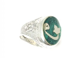 Silver Vav Arabic Letter Green Enameled Men's Ring - 2