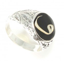 Silver Vav Letter Design Black Enamelled Men's Ring - 1