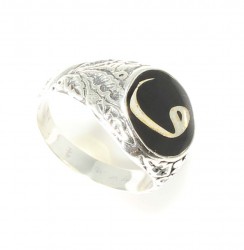 Silver Vav Letter Design Black Enamelled Men's Ring - Nusrettaki (1)