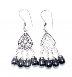 925 Silver Dangle Filigree Earrings with Black Pearl, Conical - Nusrettaki (1)