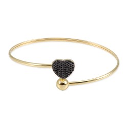 Nusrettaki - Gold Heart Bangle Bracelet with Black CZ