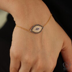 Sterling Silver Almond Shaped Evil Eye Bracelet, Gold Plated - Nusrettaki