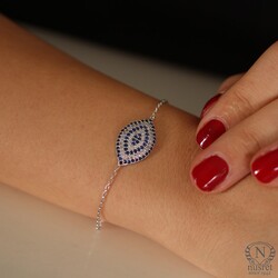 Sterling Silver Almond Shaped Evil Eye Bracelet, White Gold Plated - Nusrettaki