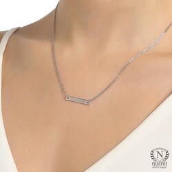 Sterling Silver Bar Double Chains Dainty Necklace, White Gold Plated - 7