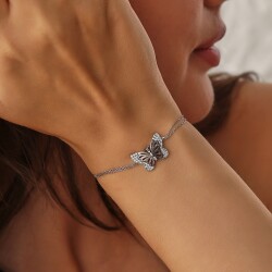 Sterling Silver Black Butterfly Double Chain Bracelet, White Gold Vermeil - Nusrettaki