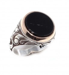 925 Sterling Silver, Bronze Onyx Stone Men Ring, Round - Nusrettaki (1)