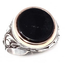 925 Sterling Silver, Bronze Onyx Stone Men Ring, Round - 1