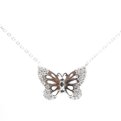 Sterling Silver Butterfly in Garden Necklace, White Gold Plated - 10