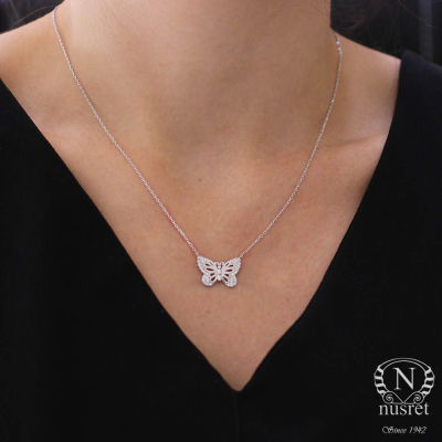 Sterling Silver Butterfly in Garden Necklace, White Gold Plated - 9