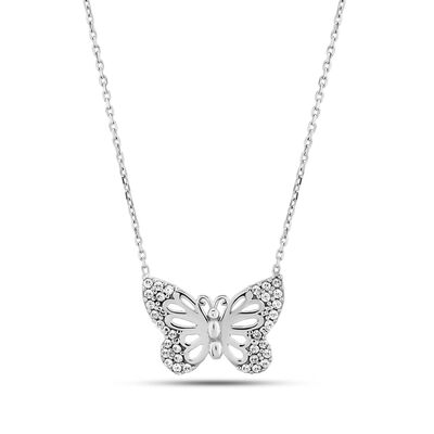 Sterling Silver Butterfly in Garden Necklace, White Gold Plated - 6