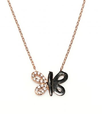 Sterling Silver Butterfly Necklace with White & Black CZ - 2