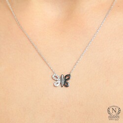 Sterling Silver Butterfly Necklace with White & Black CZ - 1