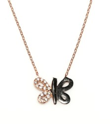 Sterling Silver Butterfly Necklace with White & Black CZ - 8