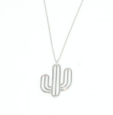 Sterling Silver Cactus Dainty Necklace, White Gold Plated - 4