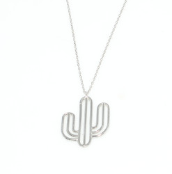 Sterling Silver Cactus Dainty Necklace, White Gold Plated - Nusrettaki
