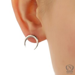 Sterling Silver Crescent Studs, White Gold Plated - Nusrettaki