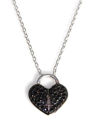 Sterling Silver Dangling Heart Shaped Keyhole Necklace with Black Cz - 1
