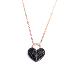 Sterling Silver Dangling Heart Shaped Keyhole Necklace with Black Cz - Nusrettaki (1)