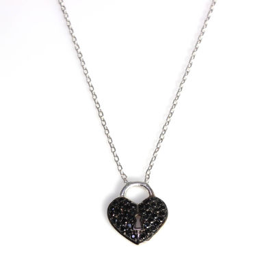 Sterling Silver Dangling Heart Shaped Keyhole Necklace with Black Cz - 3