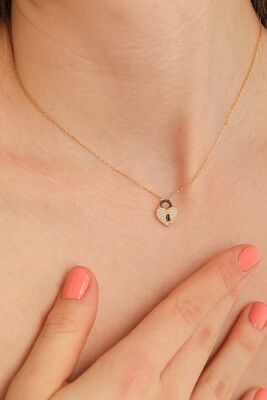 Sterling Silver Dangling Heart Shaped Keyhole Necklace with White Cz - 1