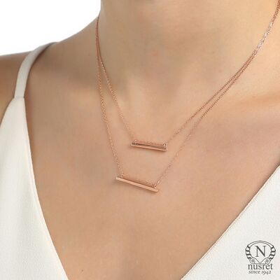 Sterling Silver Double Bars Strand Necklace, Gold Plated - 3