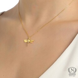 Sterling Silver Dragonfly Dainty Necklace, Gold Plated - Nusrettaki