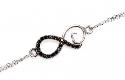 Sterling Silver Eternal Love Double Chain Bracelet with Black CZ, White Gold Vermeil - Nusrettaki