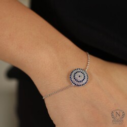 Sterling Silver Evil Eye Bracelet with Blue & White Zircons, White Gold Plated - 1