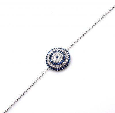 Sterling Silver Evil Eye Bracelet with Blue & White Zircons, White Gold Plated - 2