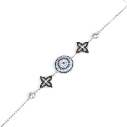 Sterling Silver Evil Eye Bracelet with Two Black Flowers, White Gold Plated - 2