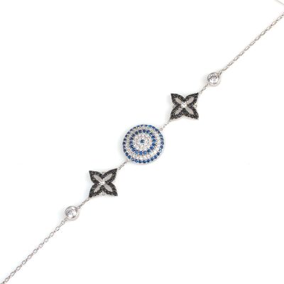 Sterling Silver Evil Eye Bracelet with Two Black Flowers, White Gold Plated - 2