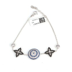 Sterling Silver Evil Eye Bracelet with Two Black Flowers, White Gold Plated - 1