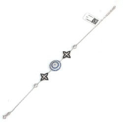 Sterling Silver Evil Eye Bracelet with Two Black Flowers, White Gold Plated - 3