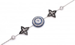 Sterling Silver Evil Eye Bracelet with Two Black Flowers, White Gold Plated - 5